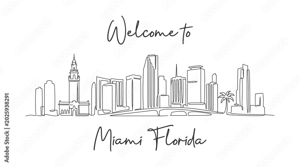 Fototapeta premium Welcome to Miami Florida Skyline - Minimalist Line Art Illustration