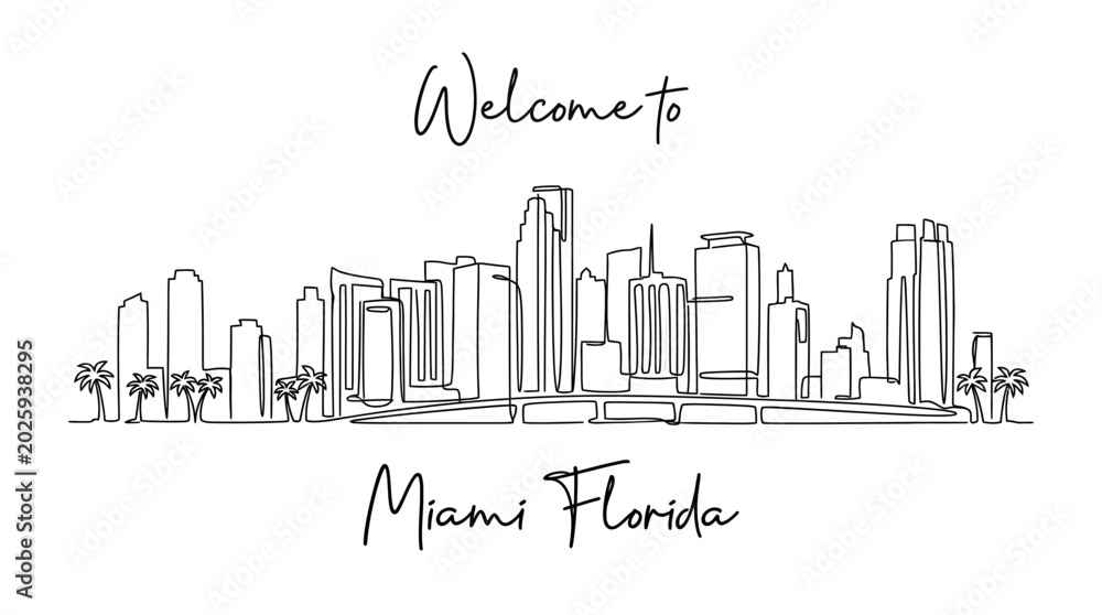 Fototapeta premium Welcome to Miami Florida Skyline Single Line Art Drawing