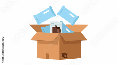 Open Cardboard Shipping Box with Cooling Ice Packs and Frozen Food Product for Cold Chain Delivery