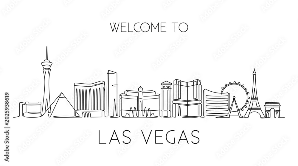 Fototapeta premium Las Vegas Skyline Outline - Minimalist Line Art of Iconic Landmarks, Welcome Text