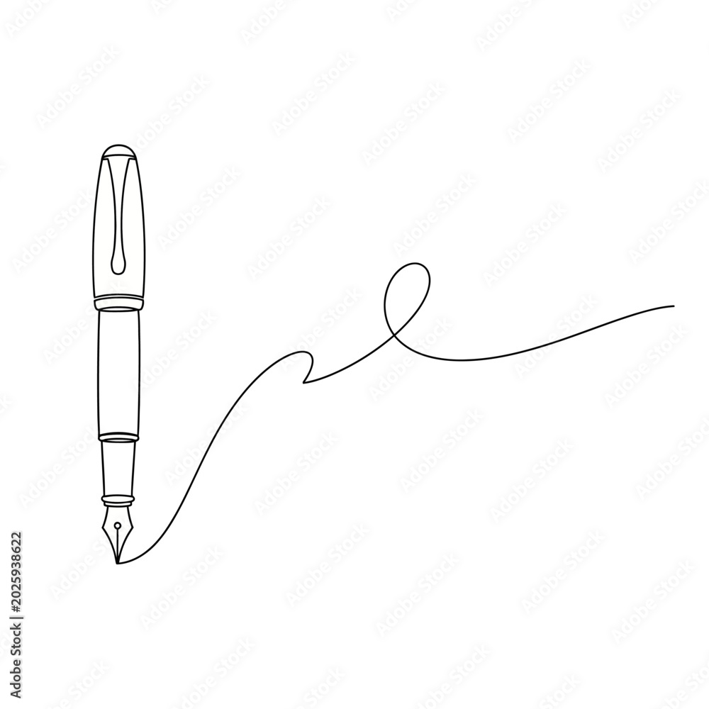 Fototapeta premium Continuous line art fountain pen, writing design on white