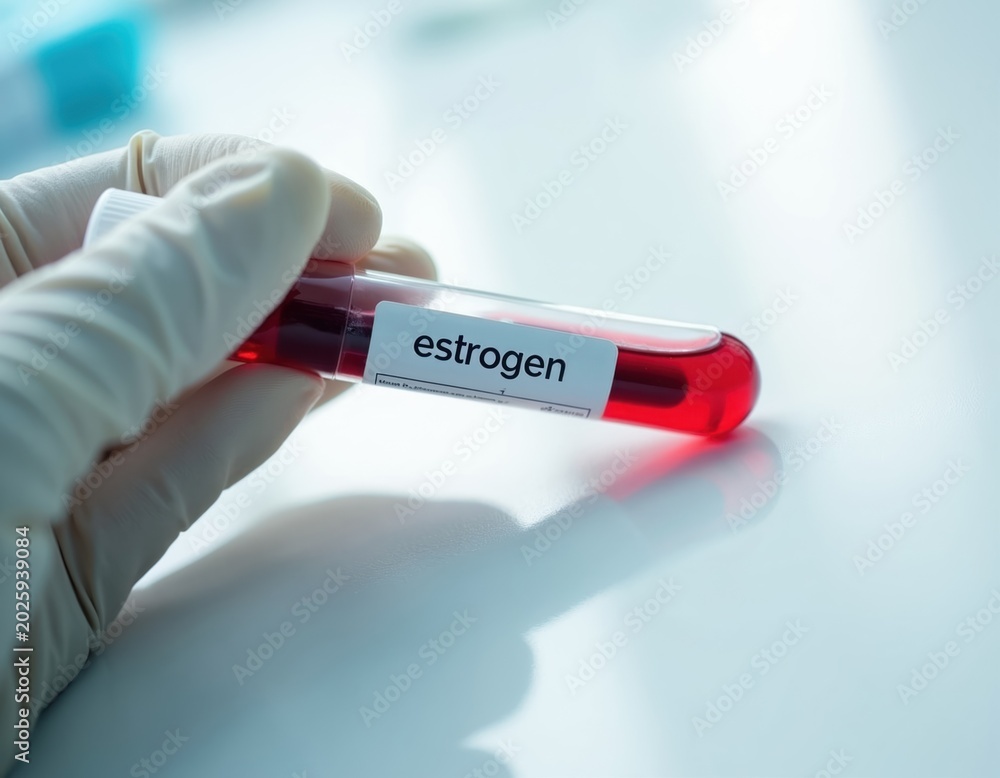 Obraz premium Lab technician holds blood sample tube labeled estrogen for medical analysis. Close up view of hormone test in laboratory setting. Blood vial for women health check.