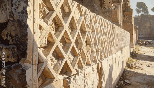 Ancient Roman opus reticulatum diamond pattern on historic stone wall close-up in heritage site