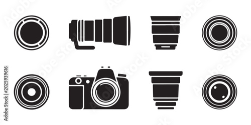 Foto Set of black and white photography camera lens icons, telephoto lens, prime lens, and wide angle lens