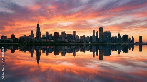 Panoramic Chicago Skyline Reflection