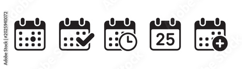 Set of black calendar vector icons, collection of schedule deadline date appointment symbols with checkmark.