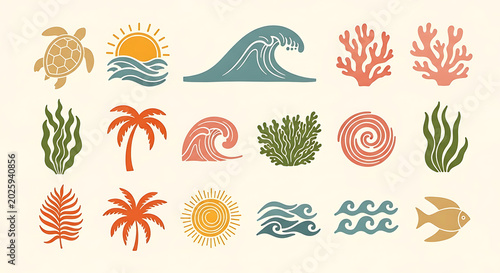 Set of colorful beach and ocean themed illustrations including a turtle palm trees waves coral with palm tree tropical illustration colorful vacation iconography