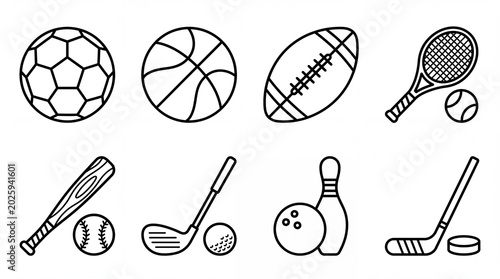 Minimalist Sports Equipment Line Art Icon Set