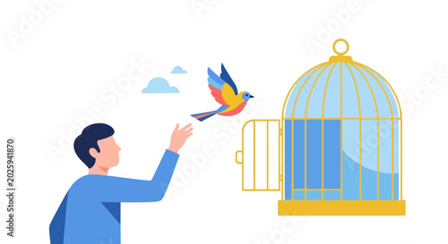 Concept of Freedom and Liberation: Man Releasing a Colorful Bird from an Open Golden Cage, Flat Vector Illustration for Mental Health and Personal Growth