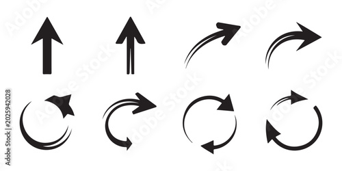 Collection of black arrows on transparent background pointing up left right circular and curved directions.