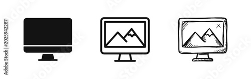 Photos Computer Desktop Monitor with Landscape Image Display Icon Set