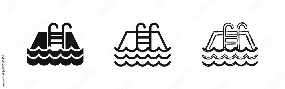 Fototapeta premium Swimming Pool with Ladder Icon Set in Solid, Outline, and Hand-Drawn Styles