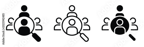 Foto Black icons of people searching with magnifying glass on white background
