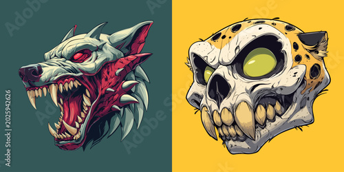 Tableau sur toile Terrifying wolf and leopard skull characters with sharp fangs and aggressive expressions in dark cartoon style