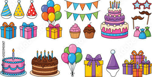 Obraz na plátně Colorful Birthday Party Celebration Element Clipart Set with Cakes Cupcakes Gift