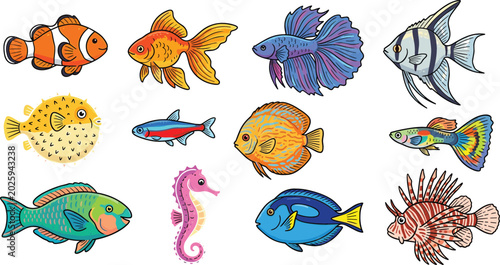 Photos Colorful Tropical and Aquarium Fish Vector Set with Cute Clownfish, Goldfish, Be