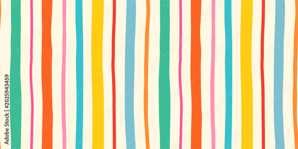 Fototapeta premium Hand painted colorful vertical stripes seamless vector pattern, Organic wavy brushstrokes summer beach background, Retro groovy irregular lines for kids designs