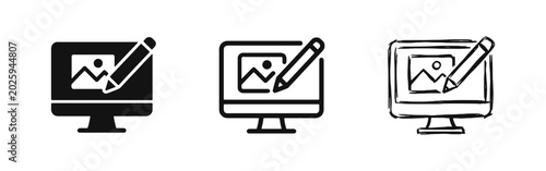 Graphic design monitor icons with landscape image and pencil tool