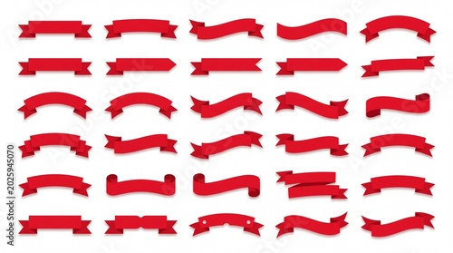 Set of red ribbons and banners in various flat vector styles perfect graphic elements for decoration promotion or web design