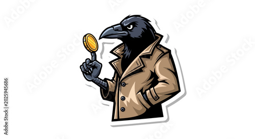 Fotografía Cartoon Detective Crow Holding Magnifying Glass.