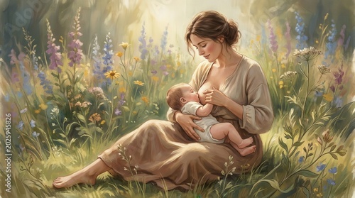 Digital painting illustration of a woman nursing a baby with a soft focused background of wildflowers and natural light. Realistic