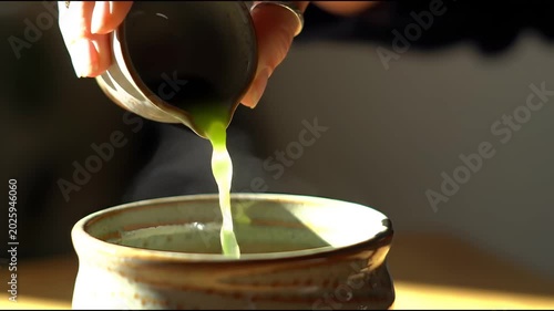 Hand pouring green tea into a traditional ceramic tea bowl.