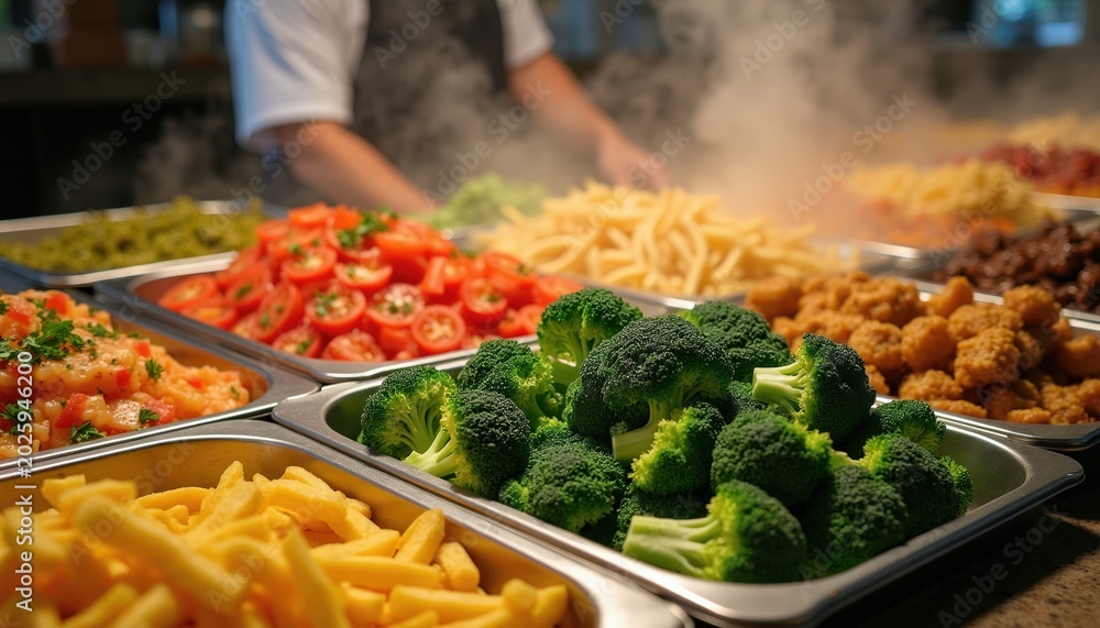 Obraz premium Steam rises from buffet trays with fresh broccoli, sliced tomatoes, fries, and fried food. A chef serves dishes from warming pans in a busy food market setting.