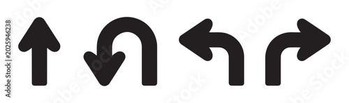Schilderij op canvas Four bold black arrow symbols illustrating directional movement including upward u-turn and sides