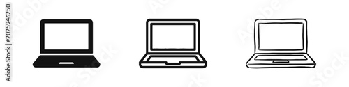 Laptop Computer Icon Set in Three Styles Solid Line and Hand Drawn Sketch