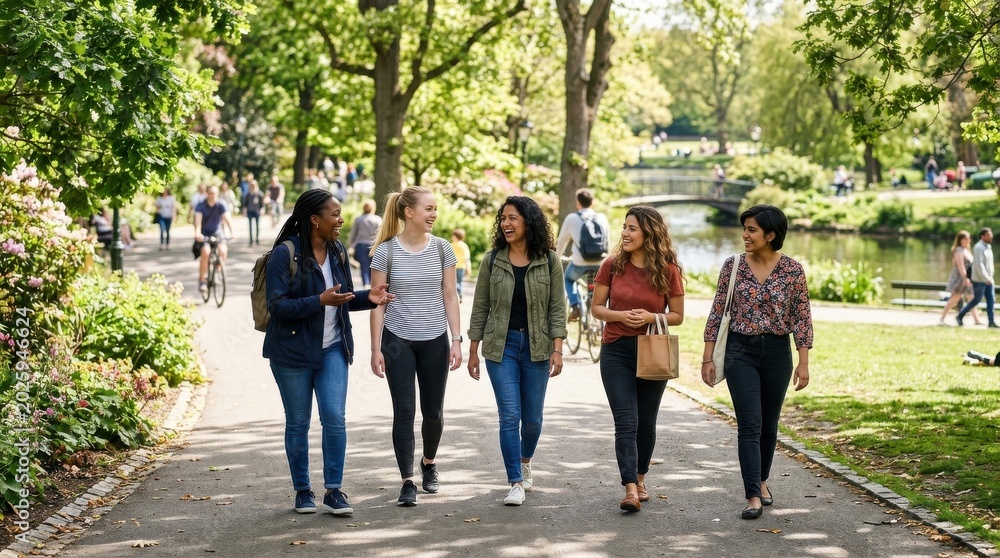 Fototapeta premium Female friends strolling through a park together, engaged in conversation, smiling expressions, bright daylight, active leisure,