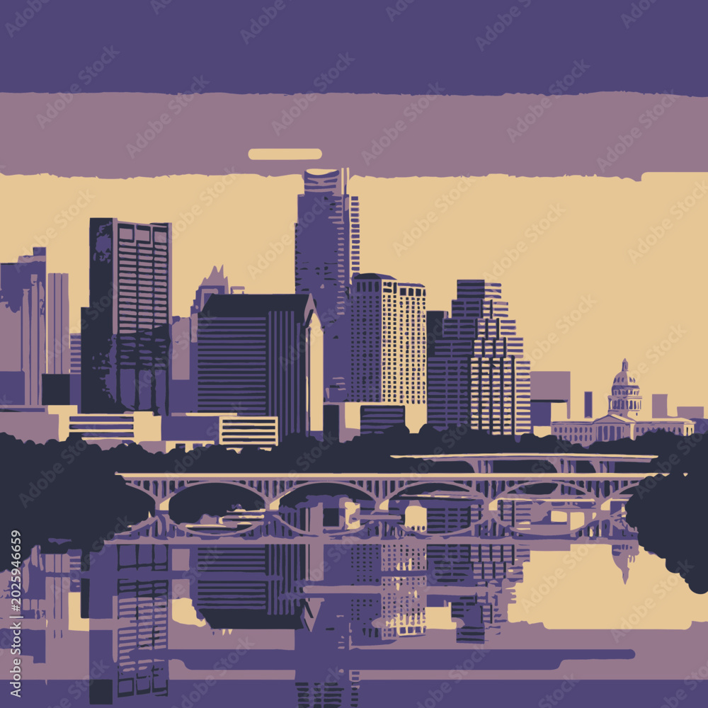Fototapeta premium Panoramic vector illustration of cityscape with bridge and skyscrapers at sunset reflecting off river water modern urban landscape