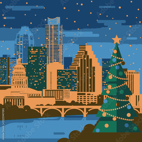 Austin cityscape at night with christmas tree and decorated buildings along the river
