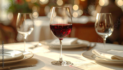 Elegant glass of red wine with reflections in simple restaurant table styling