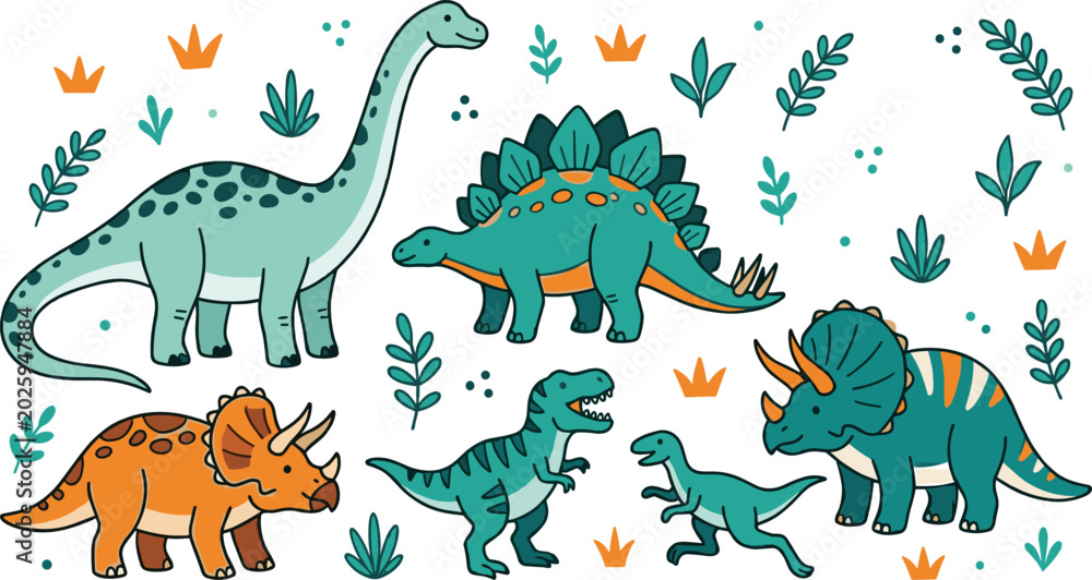 Fototapeta premium Cute Dinosaur Vector Clipart Set Featuring Triceratops Stegosaurus Brachiosaurus and Tyrannosaurus Rex with Tropical Leaves and Crown Elements for Kids Designs