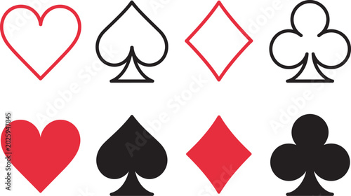 Fotografie four suits of playing cards with different fill colors, modern vector icon set featuring heart, diamond, club, and spade symbols on transparent background