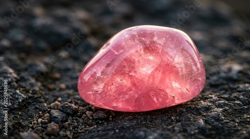 Vibrant pink rose quartz gemstone, polished finish, internal glow, detailed texture, macro photography, gemstone stock image. redo