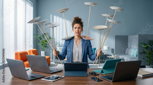 Businesswoman balancing spinning plates at office desk multitasking concept