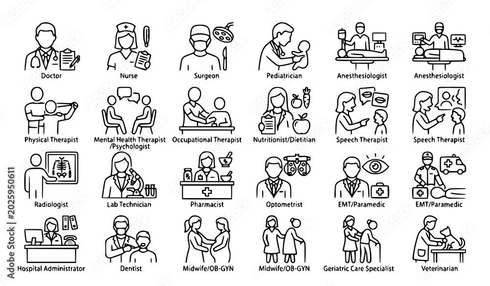 Fototapeta premium Medical profession outline icon collection vector healthcare jobs set