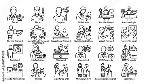 Konstfotografi Medical profession outline icon collection vector healthcare jobs set