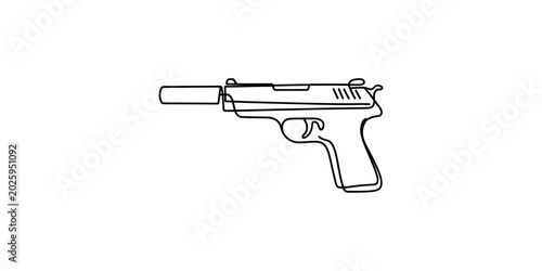Foto Continuous single line drawing of a handgun with a silencer showing a simple min
