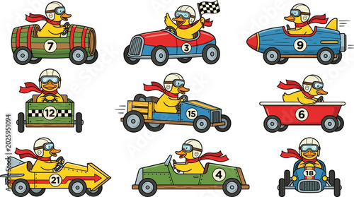 Foto Cute Cartoon Duck Soapbox Derby Racer Character Set with Funny Homemade Wooden C