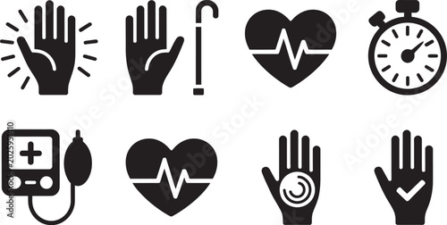 Foto heart rate pulse monitoring medical icon collection featuring heartbeat wave, ECG pulse, and cardiovascular healthcare symbols for clinical design use