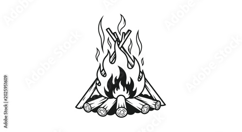 Tableau sur toile Campfire with burning logs and flames black and white silhouette