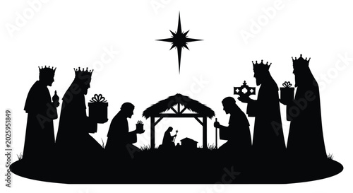Billede på lærred Nativity scene with wise men and star black silhouette