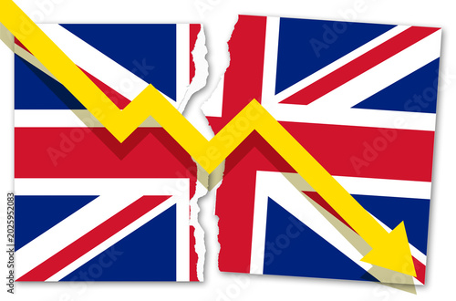 BREXIT BUSINESS DECLINE CONCEPT WITH BROKEN UK FLAG AND FALLING GRAPH - BRITAIN ECONOMY AND FINANCIAL CRISIS ILLUSTRATION SHOWING MARKET RECESSION AFTER POLITICAL SEPARATION