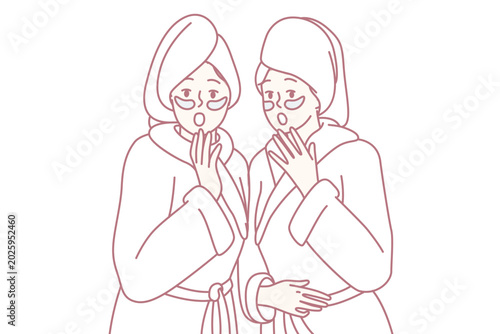 Two frightened women dressed in white shower robes opening mouths. Girl friends with masks on faces and towels on wet hair are shocked after learning news from yellow press. Flat vector image