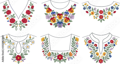 Photos Floral Embroidery Neckline Design Set with Colorful Rose Daisy and Pansy Flower
