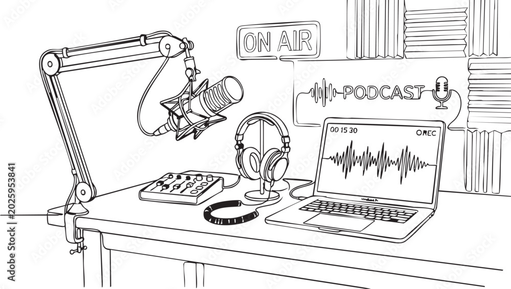 Fototapeta premium Podcast recording setup with microphone and laptop