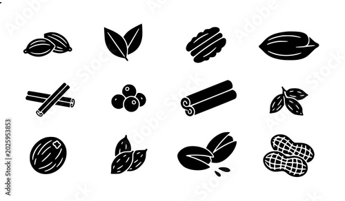 Foto Spices glyph icons set with cardamom cinnamon pistachio peanut and herbal ingred