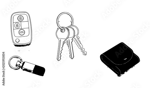 Foto Realistic monoline key icons collection with remote starter house keys usb drive